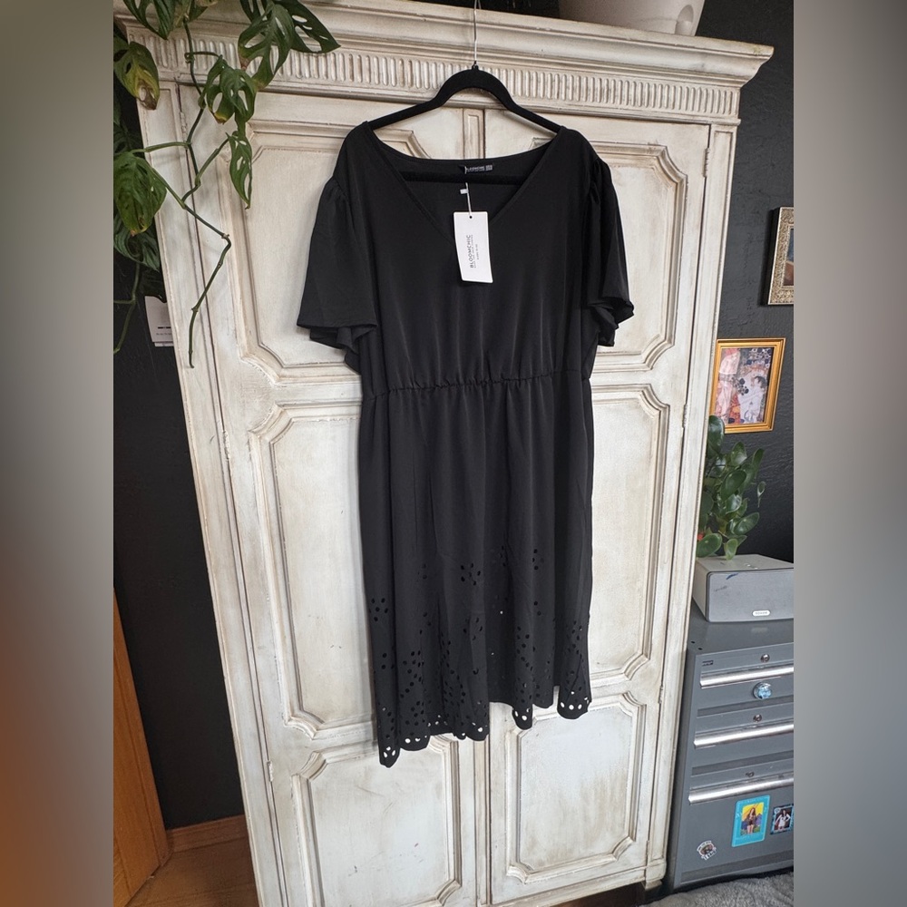 BloomChic Black Midi Dress with Eyelet Hem